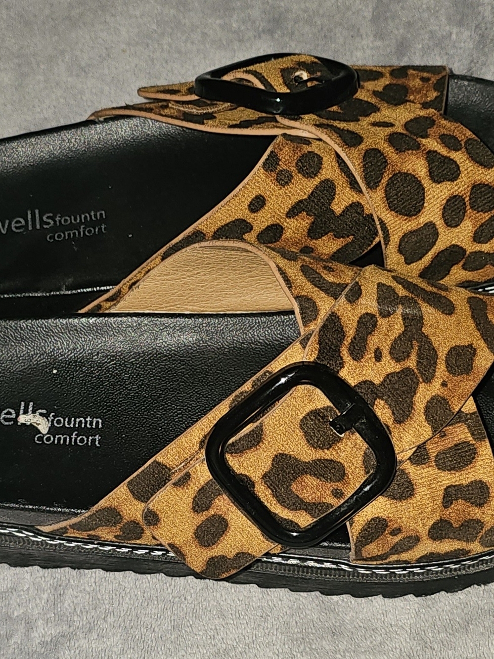 Leopard Print Slide Sandals with Brown Buckles
